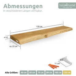 Schwebendes Wandregal mit Baumkante aus Massivholz Eiche, Natur Geölt - 120cm, mit Baumkante