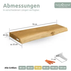 Schwebendes Wandregal mit Baumkante aus Massivholz Eiche, Natur Geölt - 70cm, mit Baumkante