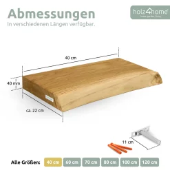 Schwebendes Wandregal mit Baumkante aus Massivholz Eiche, Natur Geölt - 40cm, mit Baumkante