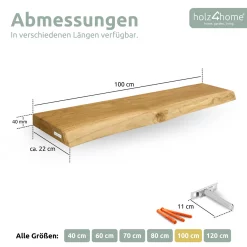 Schwebendes Wandregal mit Baumkante aus Massivholz Eiche, Natur Geölt - 100cm, mit Baumkante