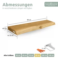Schwebendes Wandregal mit Baumkante aus Massivholz Eiche, Natur Geölt - 80cm, mit Baumkante