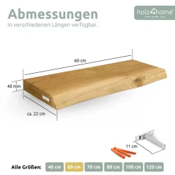 Schwebendes Wandregal mit Baumkante aus Massivholz Eiche, Natur Geölt - 60cm, mit Baumkante
