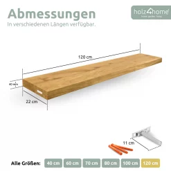 Schwebendes Wandregal ohne Baumkante aus Massivholz Eiche, Natur Geölt - 120cm, ohne Baumkante
