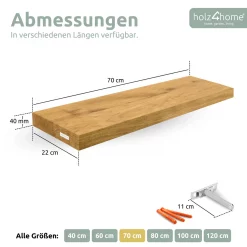 Schwebendes Wandregal ohne Baumkante aus Massivholz Eiche, Natur Geölt - 70cm, ohne Baumkante