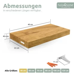 Schwebendes Wandregal ohne Baumkante aus Massivholz Eiche, Natur Geölt - 40cm, ohne Baumkante