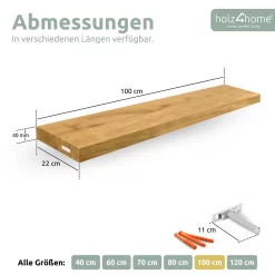 Schwebendes Wandregal ohne Baumkante aus Massivholz Eiche, Natur Geölt - 100cm, ohne Baumkante