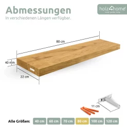 Schwebendes Wandregal ohne Baumkante aus Massivholz Eiche, Natur Geölt - 80cm, ohne Baumkante