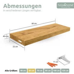Schwebendes Wandregal ohne Baumkante aus Massivholz Eiche, Natur Geölt - 60cm, ohne Baumkante